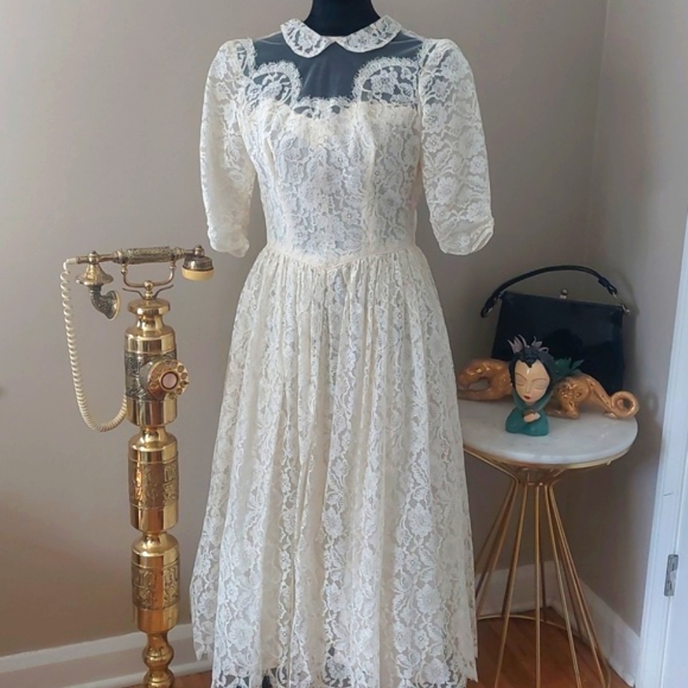 Vintage 1950s Cream Lace Dress | Peter Pan Collar Tea-Length Mcm Fit And Flare